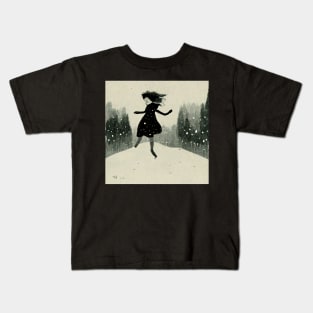 Girl excited and playing in the snow as the flakes begin to fall. Kids T-Shirt